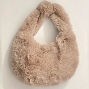 Plush Faux Fur Hobo Bag in Beige